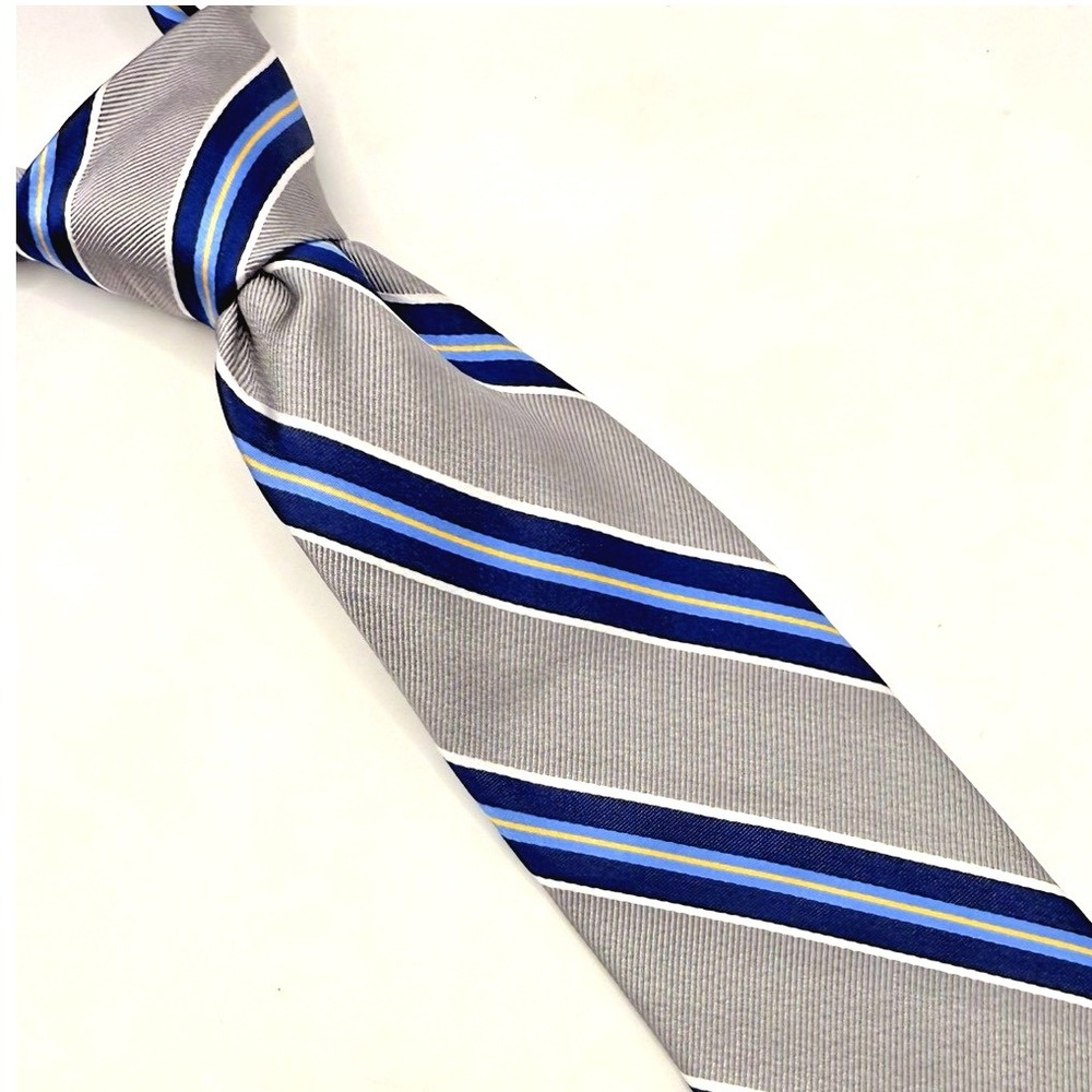 Vintage Chaps Ralph Lauren Tie 100% Silk Repp Necktie  Silver Blue Stripe luxury
